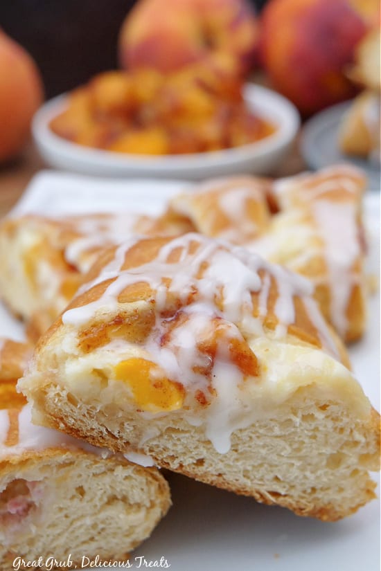 A close up photo of a piece of peach pastry.