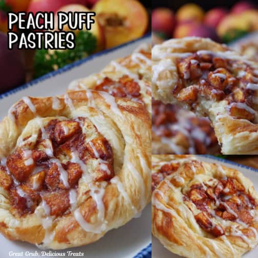 A three collage photo of peach puff pastries.