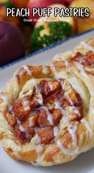 A couple peach pastries on a white plate with blue trim with fresh peaches in the background.