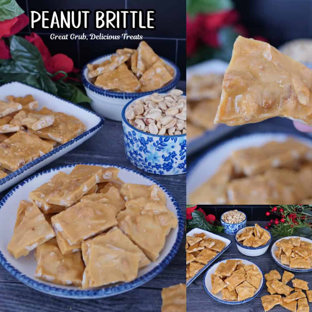 A three collage photo of microwave peanut brittle.