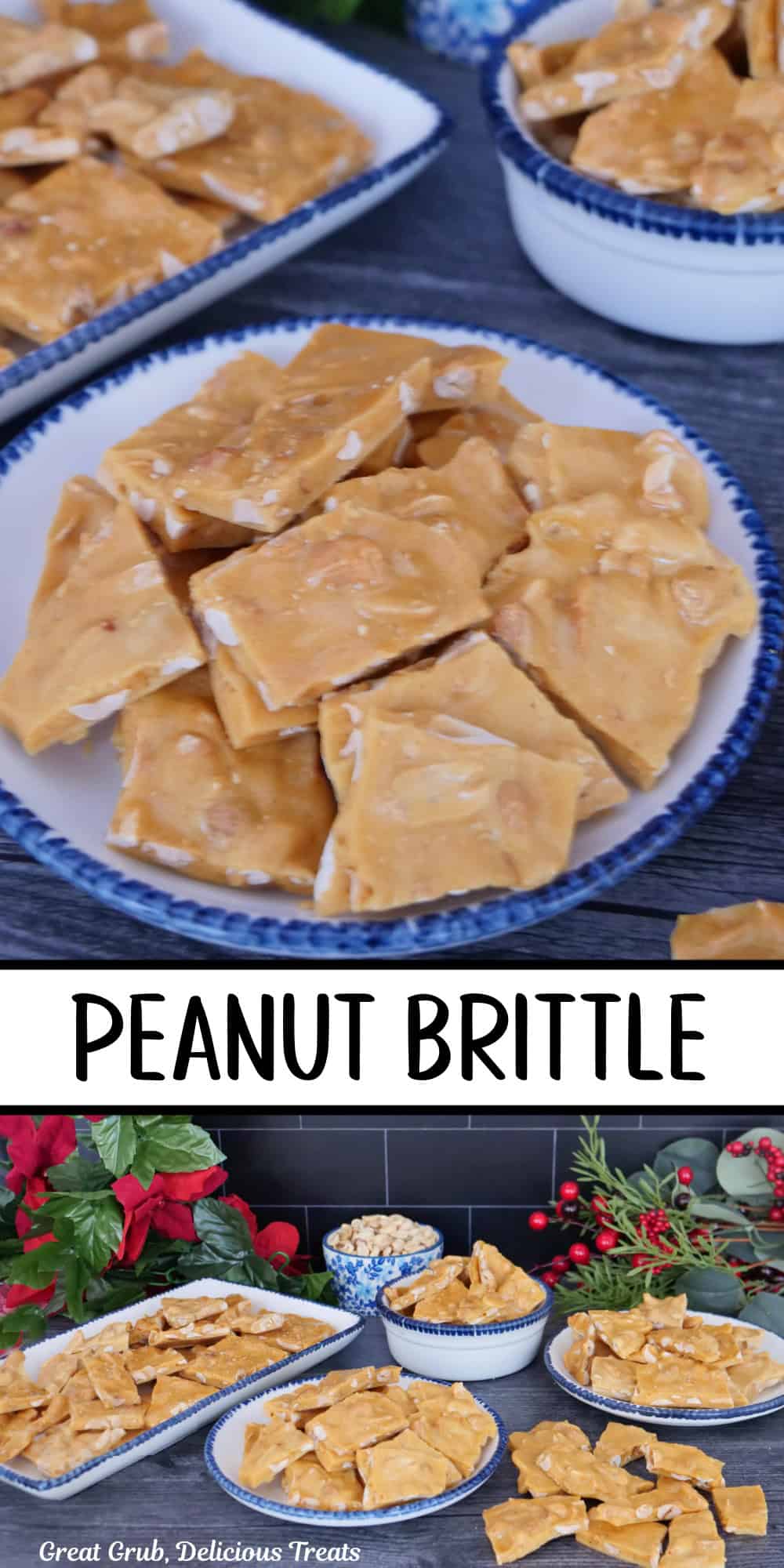 A double photo collage of peanut brittle with the title overlay in the center.