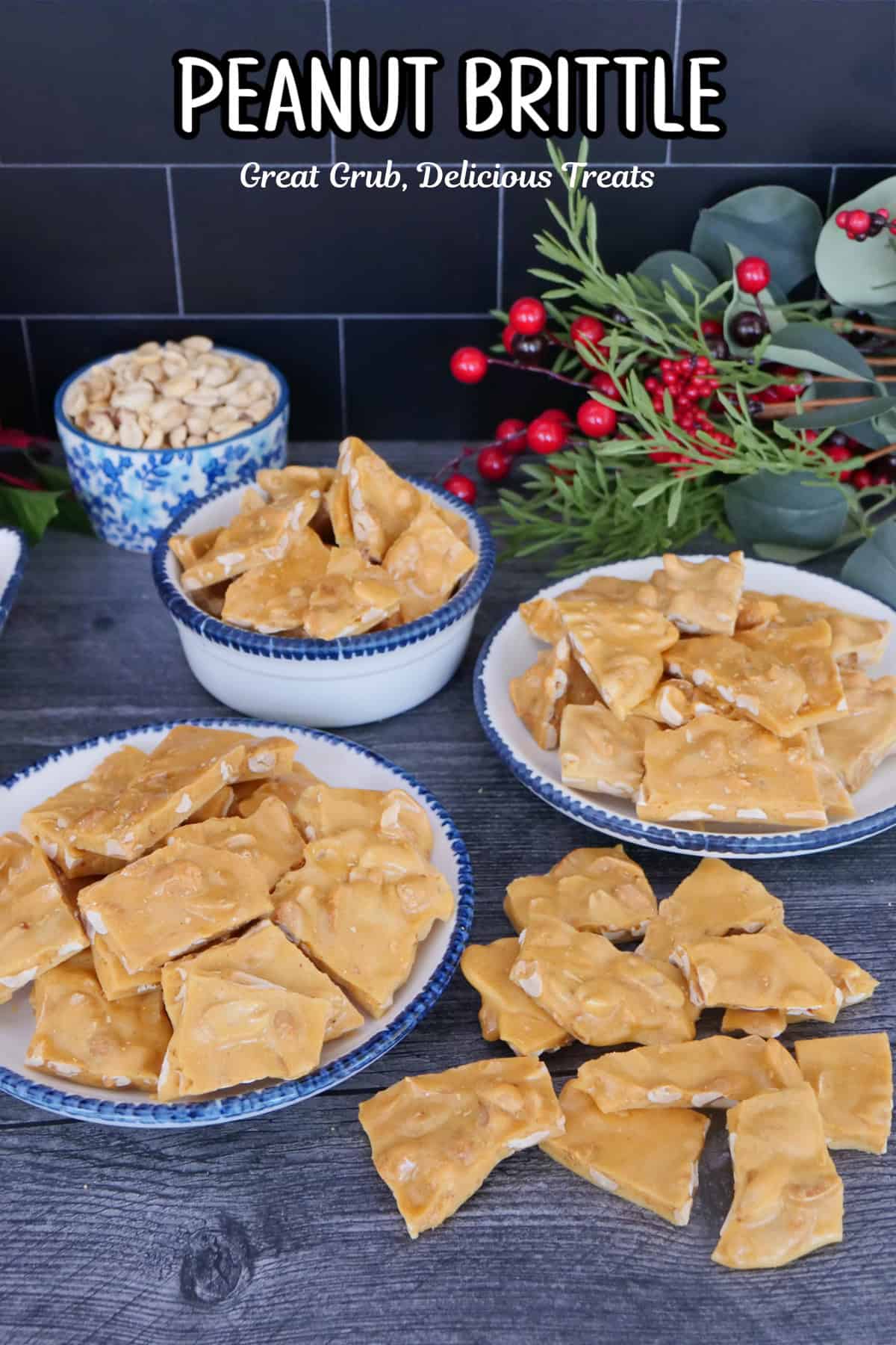 A grey surface with three different plates with homemade peanut brittle on them, and the title overlay at the top.