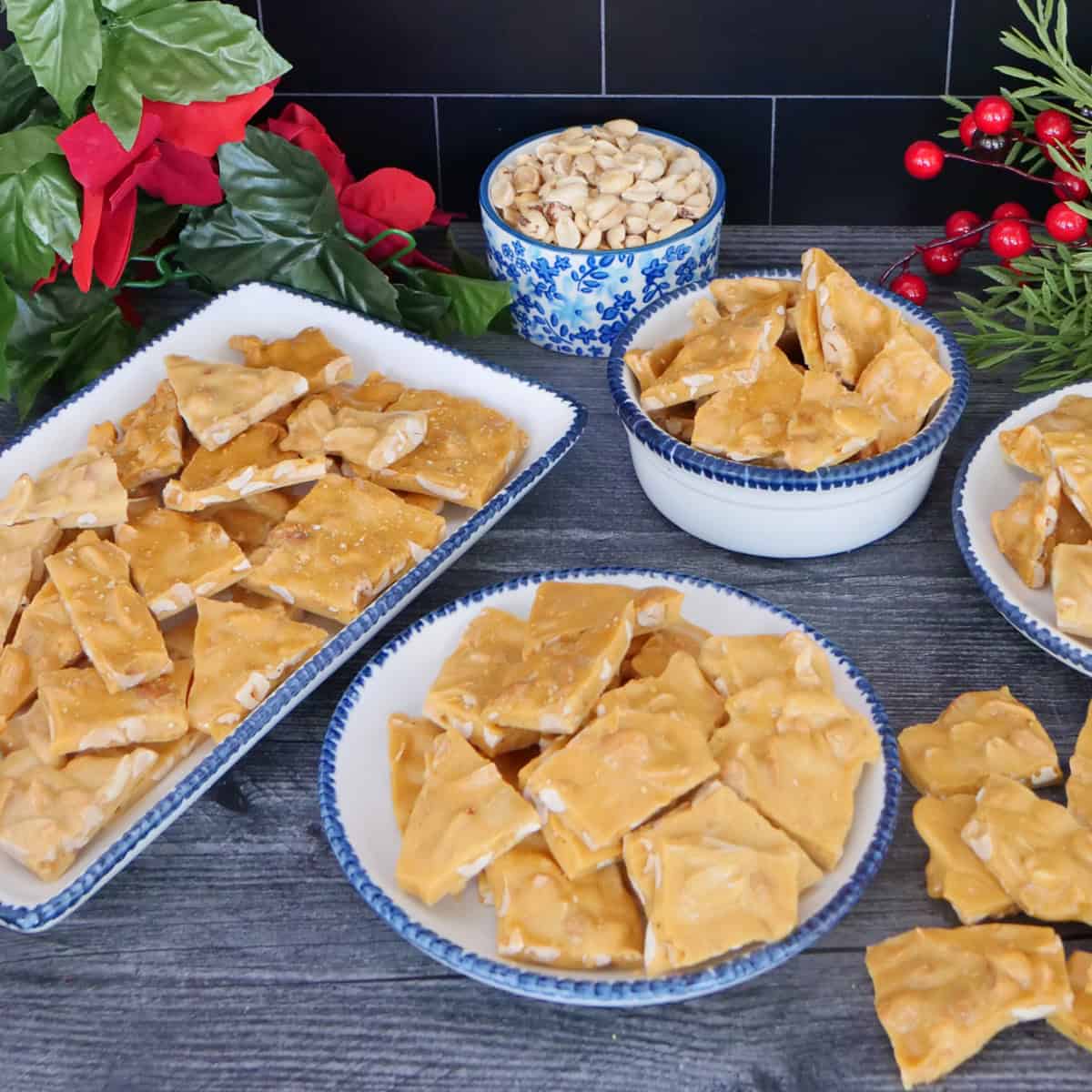 A grey surface with four white plates with blue trim filled with peanut brittle.