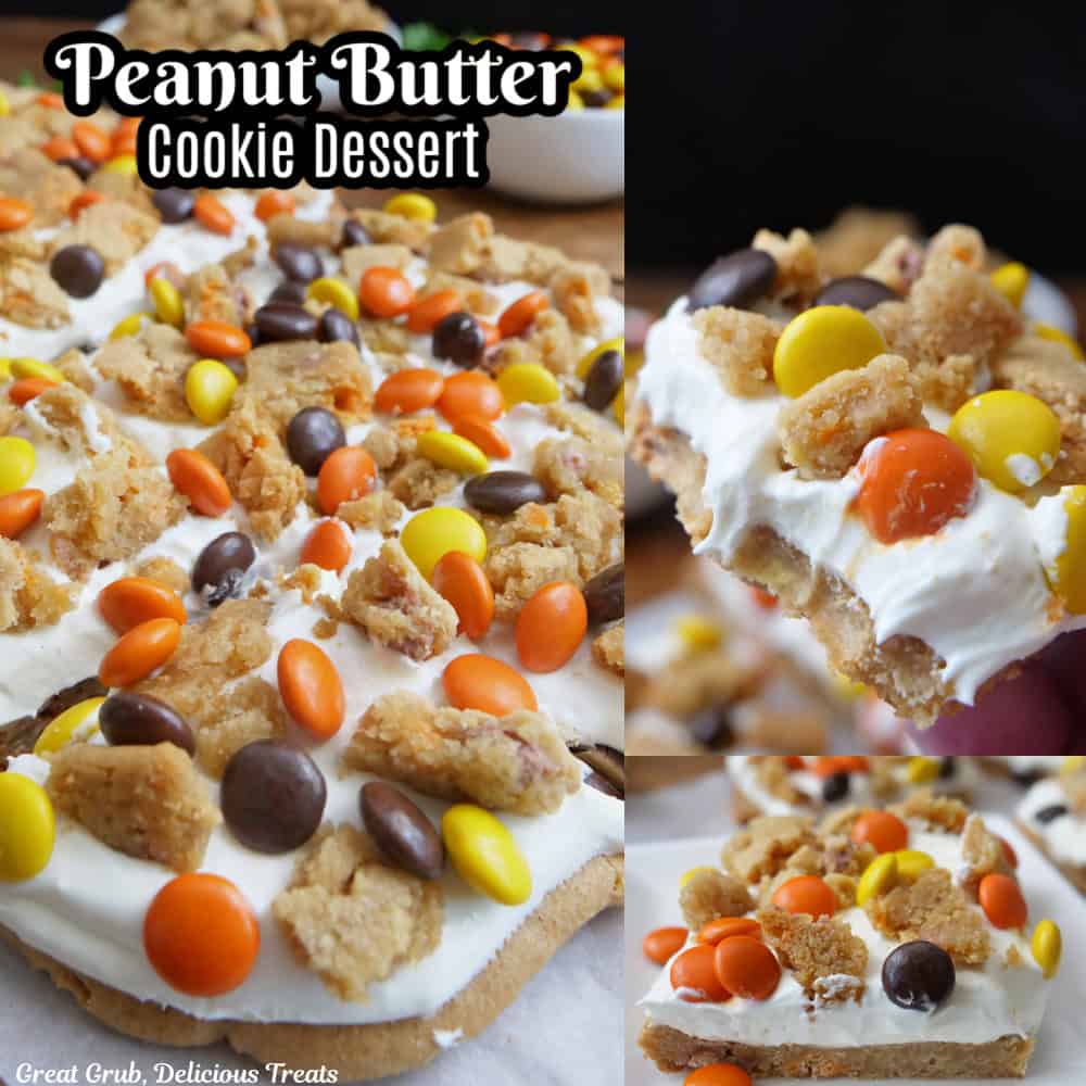 Three photos of a cookie dessert made with store bought cookie dough with a layer of sweet cream cheese and topped with crumbled cookies and Reese's pieces.