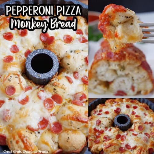 A three photo collage of pepperoni pizza pull apart bread with the title of the recipe at the top in text.