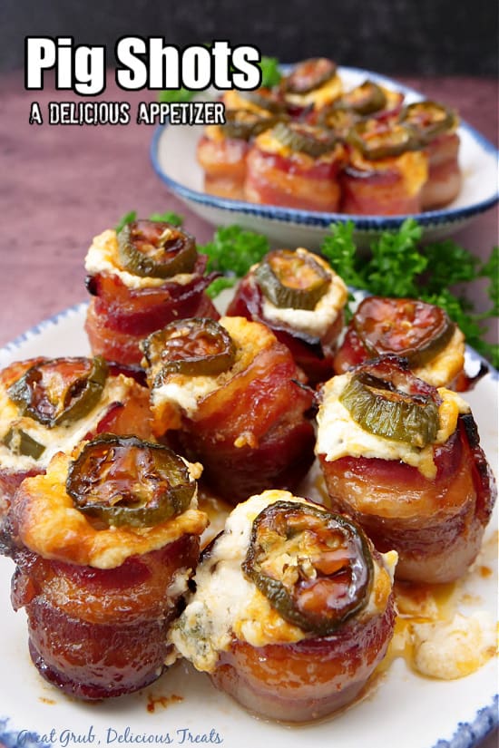 Pig Shots Oven Baked placed on a white plate with blue trim.