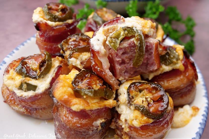 A horizontal photo of a white plate with blue trim with 9 pig shots on it with a bite taken out of one of them.