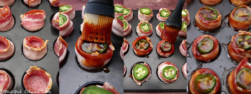 Four photos of in process shots of how to make pig shots.