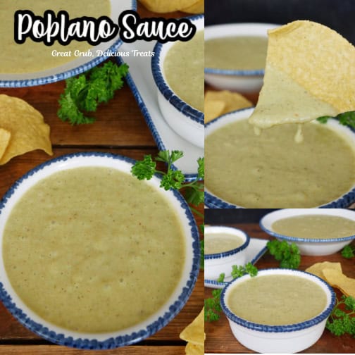A three collage photo of homemade poblano cream sauce with the title of the recipe at the top.