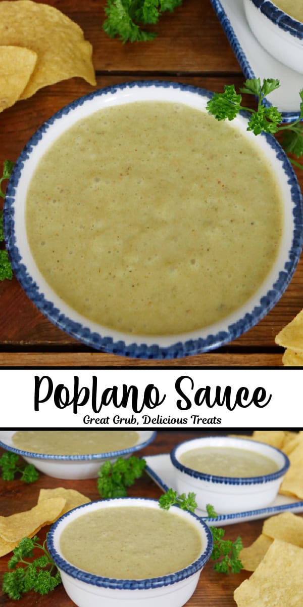 A double collage photo of homemade poblano sauce with the title of the recipe, in text, in the center.