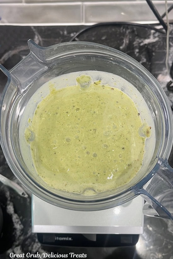 The homemade poblano cream sauce after all the ingredients are blended together.