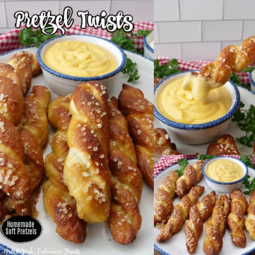 A three photo collage of pretzel twists on a white plate with a small bowl of queso.
