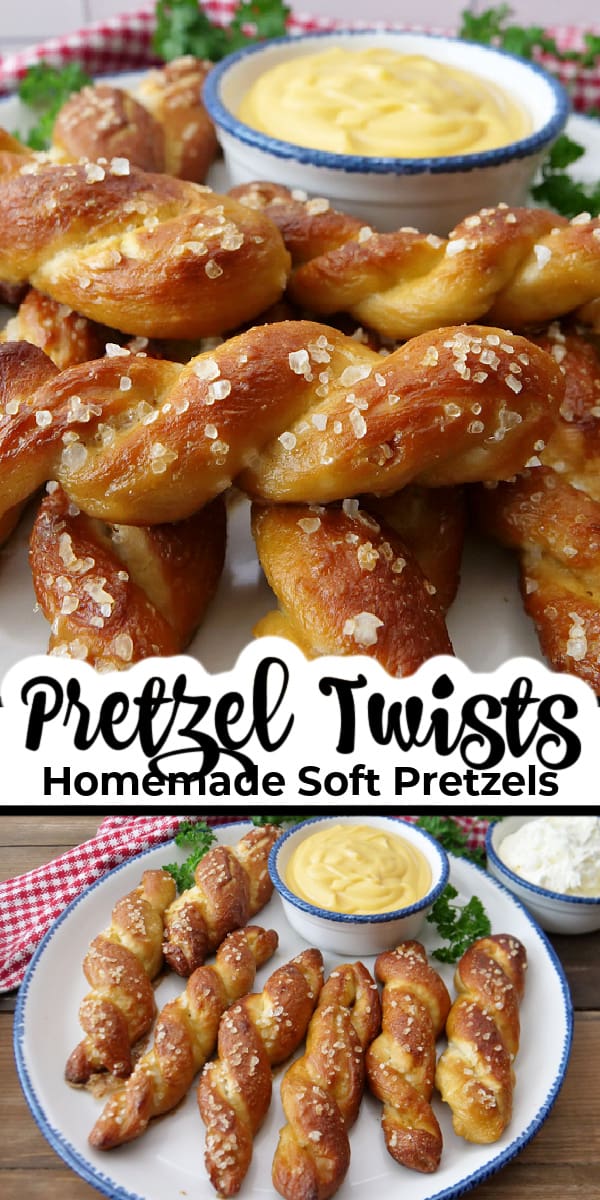 A double photo collage of pretzel twists on a white circle plate.