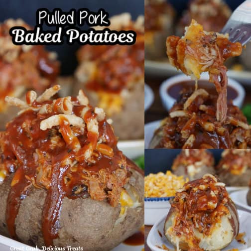 A three collage photo of baked potatoes stuffed with leftover pulled pork.