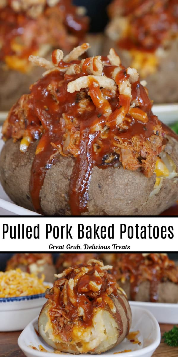 A double collage photo of pulled pork stuffed baked potatoes.
