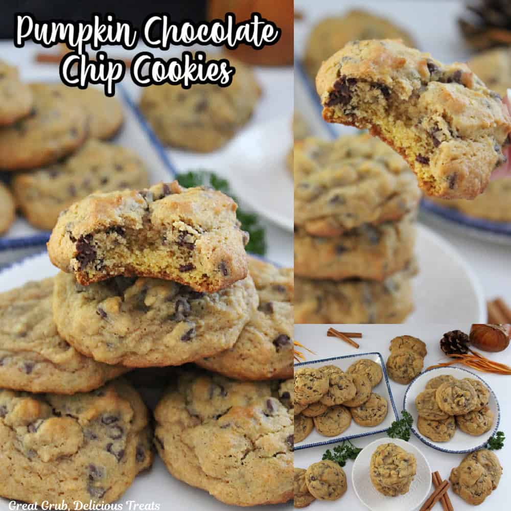 Pumpkin cookies on a counter with the title of the recipe in text at the top.