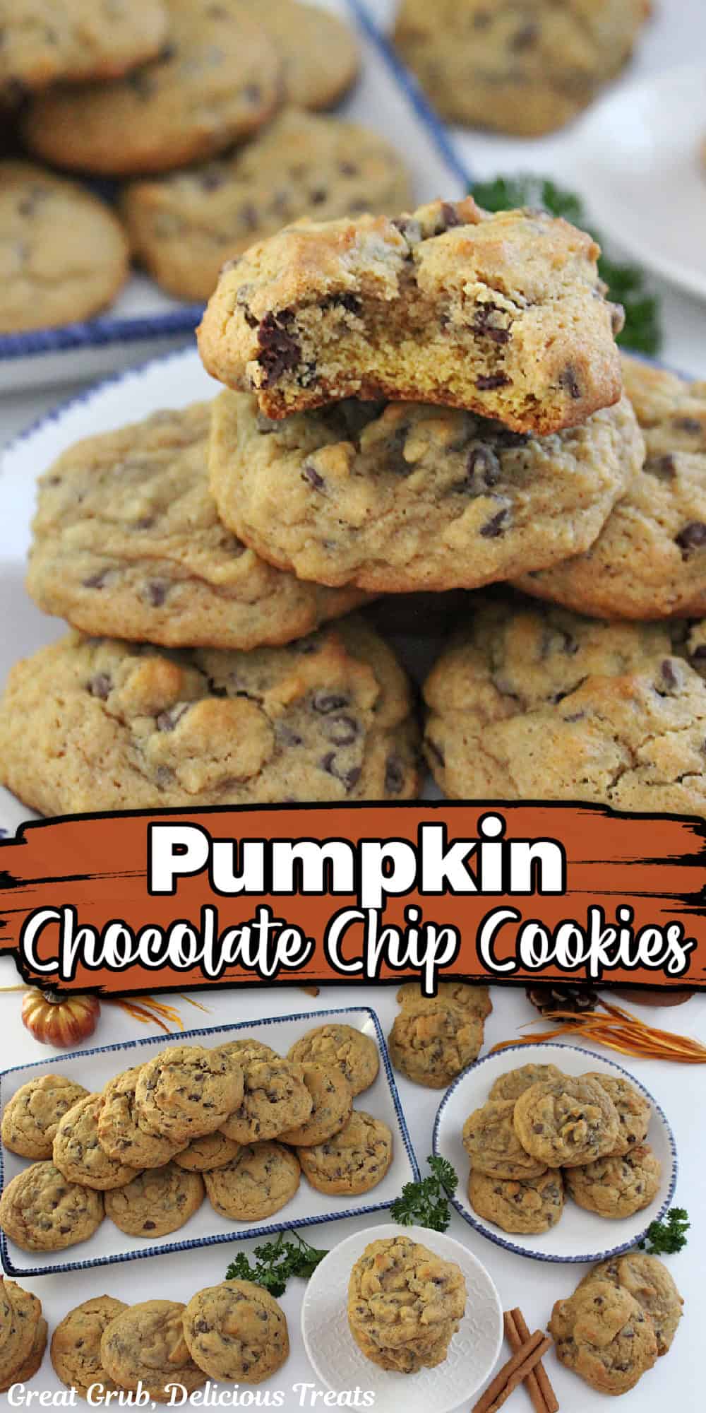 Pumpkin cookies with the title of the recipe in text in the center.