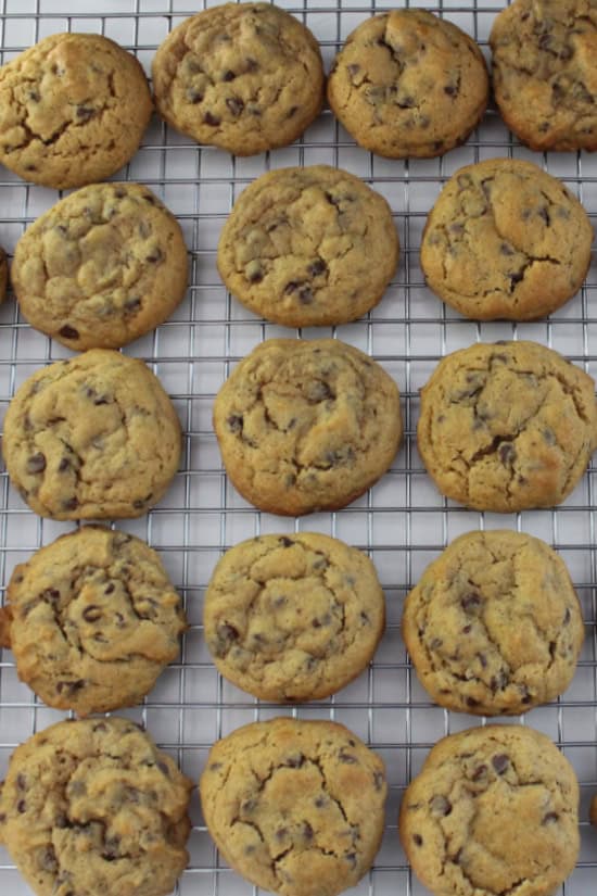 A wire rack with 16 pumpkin cookies on it.