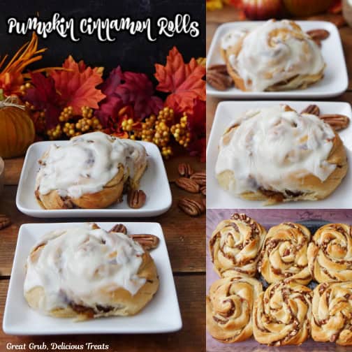 Square white plate with pumpkin cinnamon rolls on them.