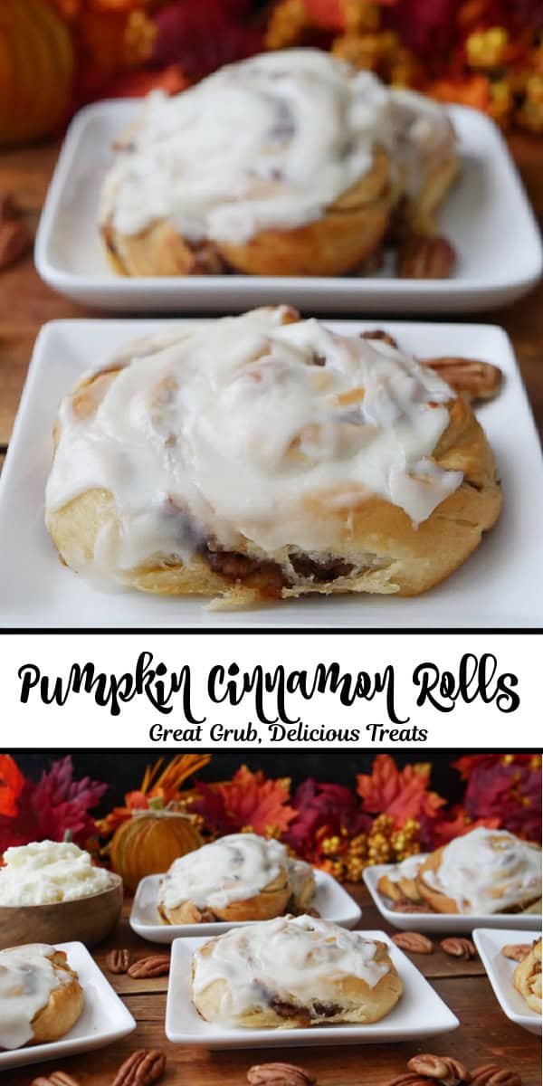 Pumpkin cinnamon rolls on small square white plates placed on a wood surface.
