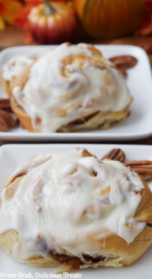 Two cinnamon rolls on white square plates.