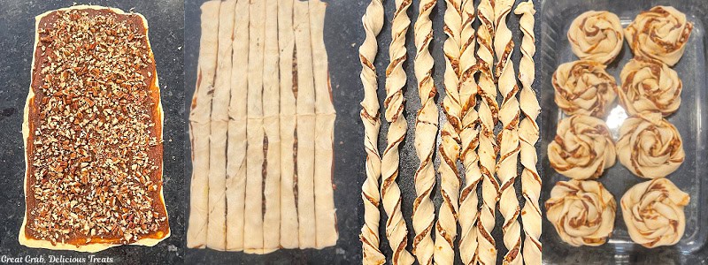 A photo showing in process shots of how to make the cinnamon rolls.