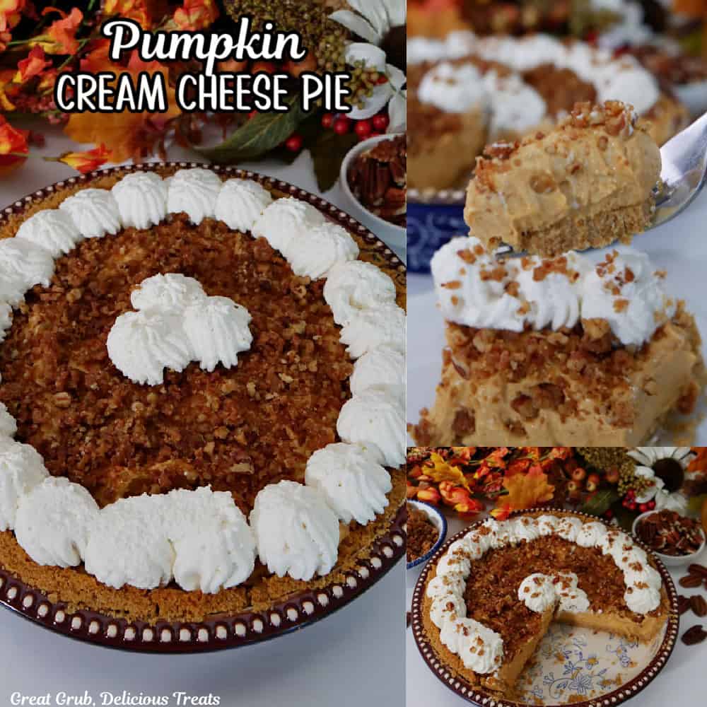 A three collage photo of pumpkin cream cheese pie with the title of the recipe at the top.