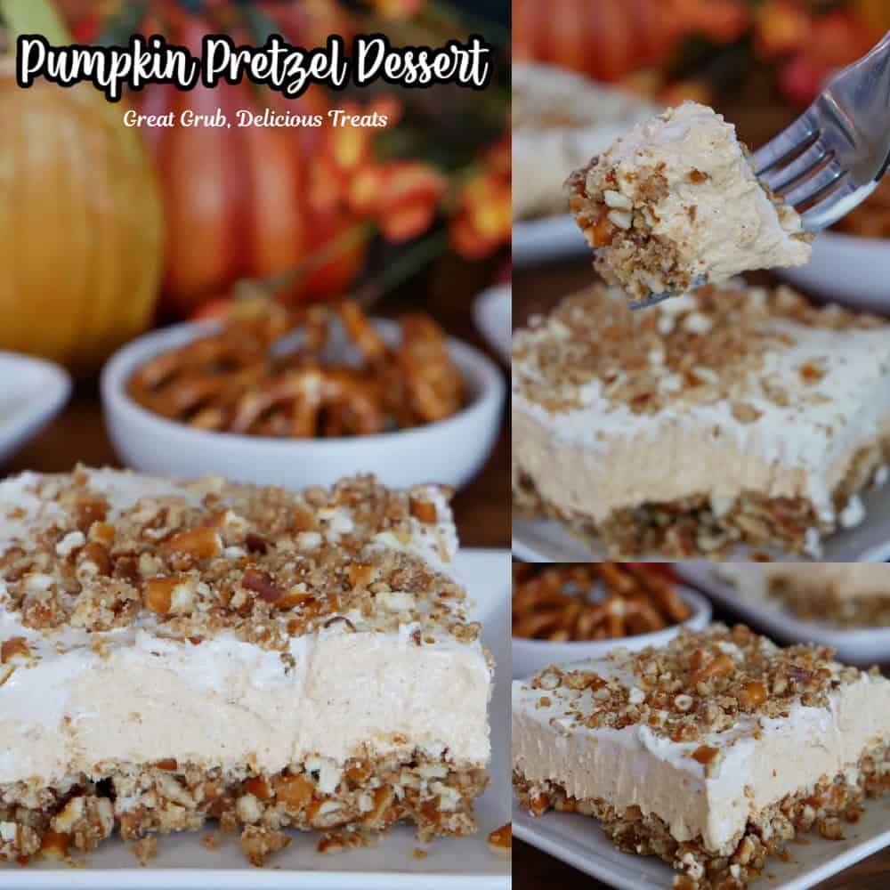 Three photos of a pumpkin pretzel dessert with the title of the recipe at the top.
