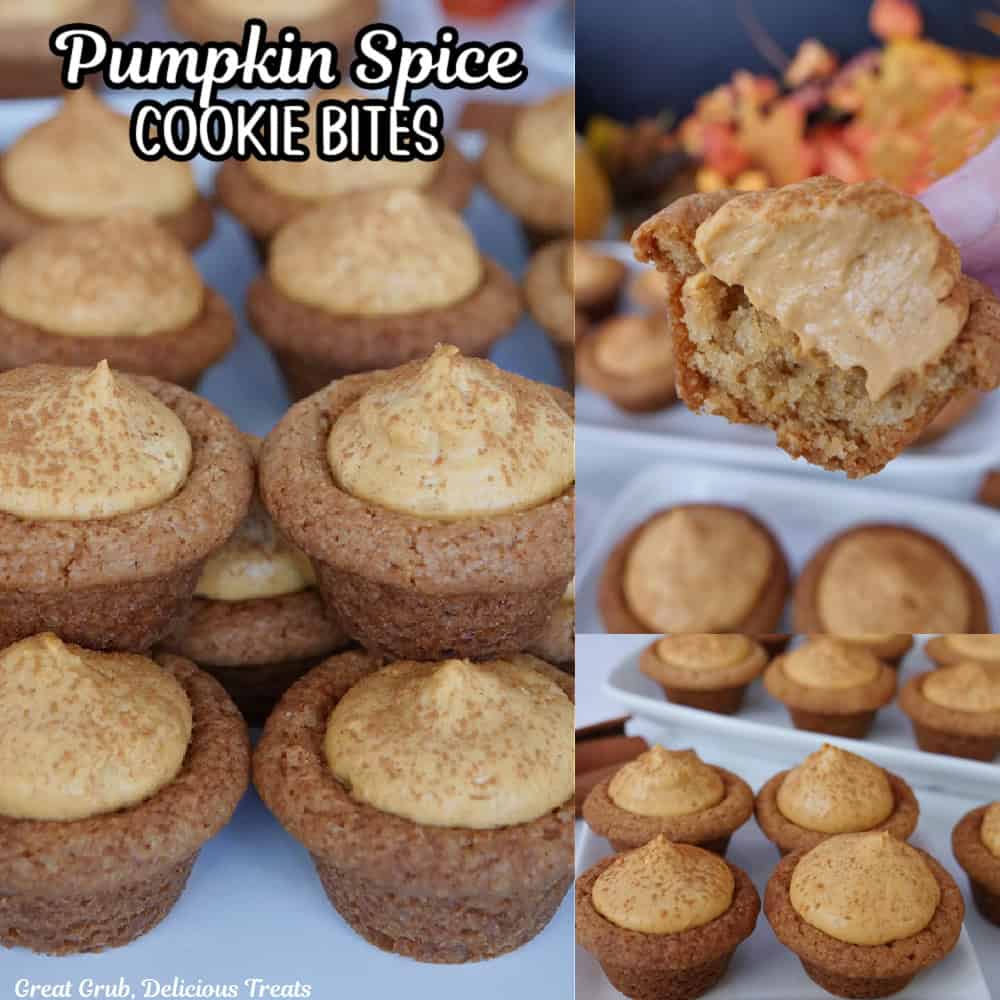 Three photos in a collage of pumpkin spice cookie bites with the title of the recipe at the top.