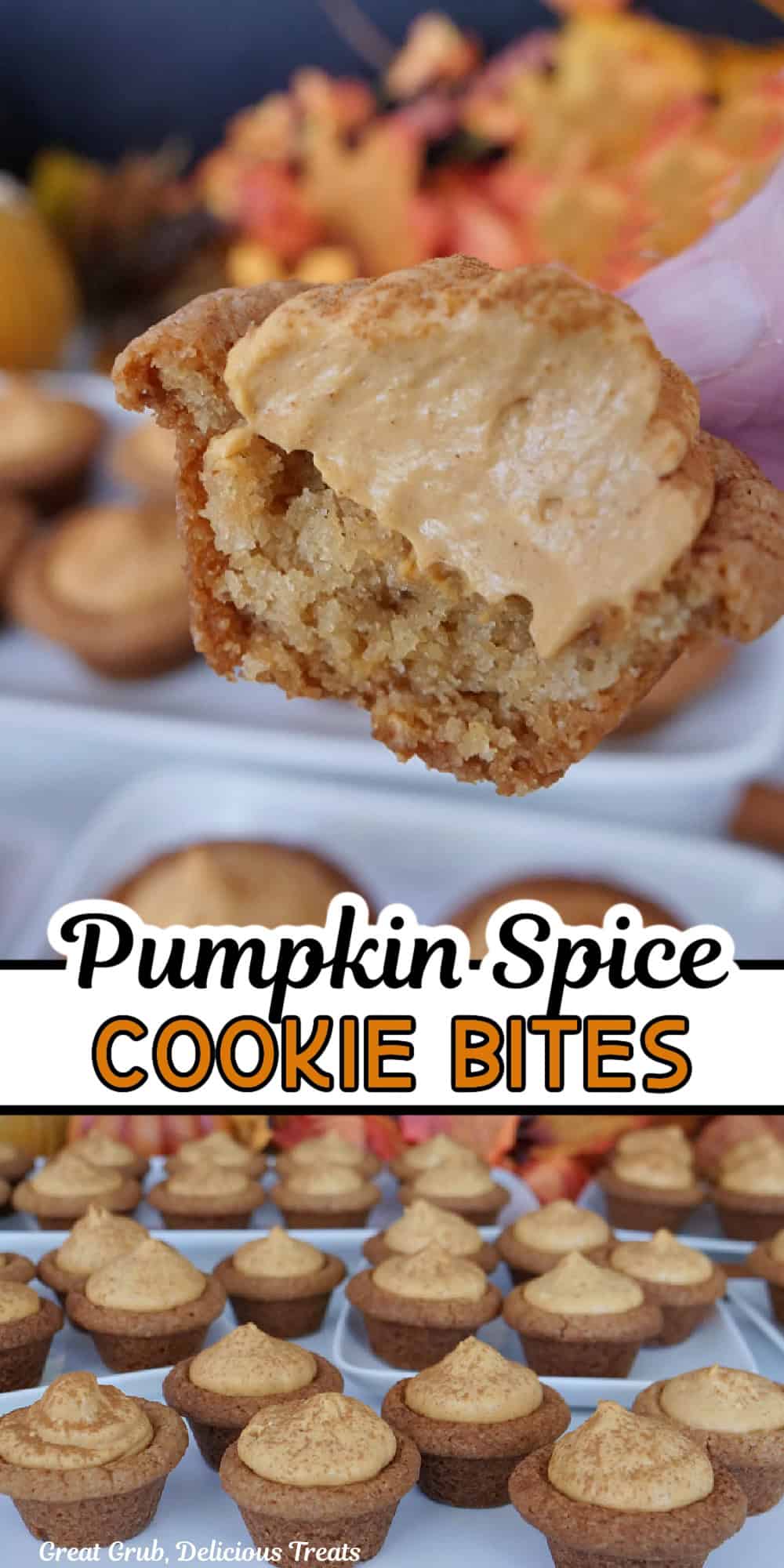 Two photos of pumpkin spice cookie bites with the title of the recipe between the two photos.