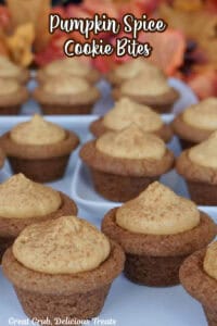 A white surface with more than a dozen mini pumpkin spice cookie bites on it.