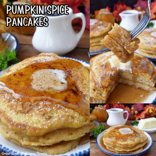 A three collage photo of pumpkin spice pancakes.