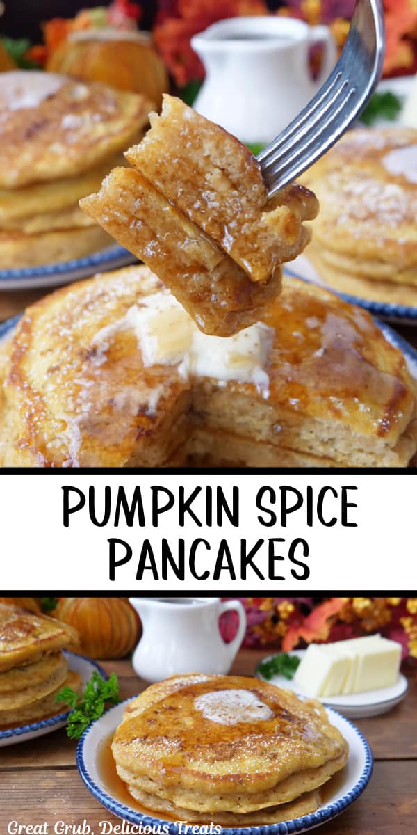 A double collage photo of pumpkin spice pancakes.