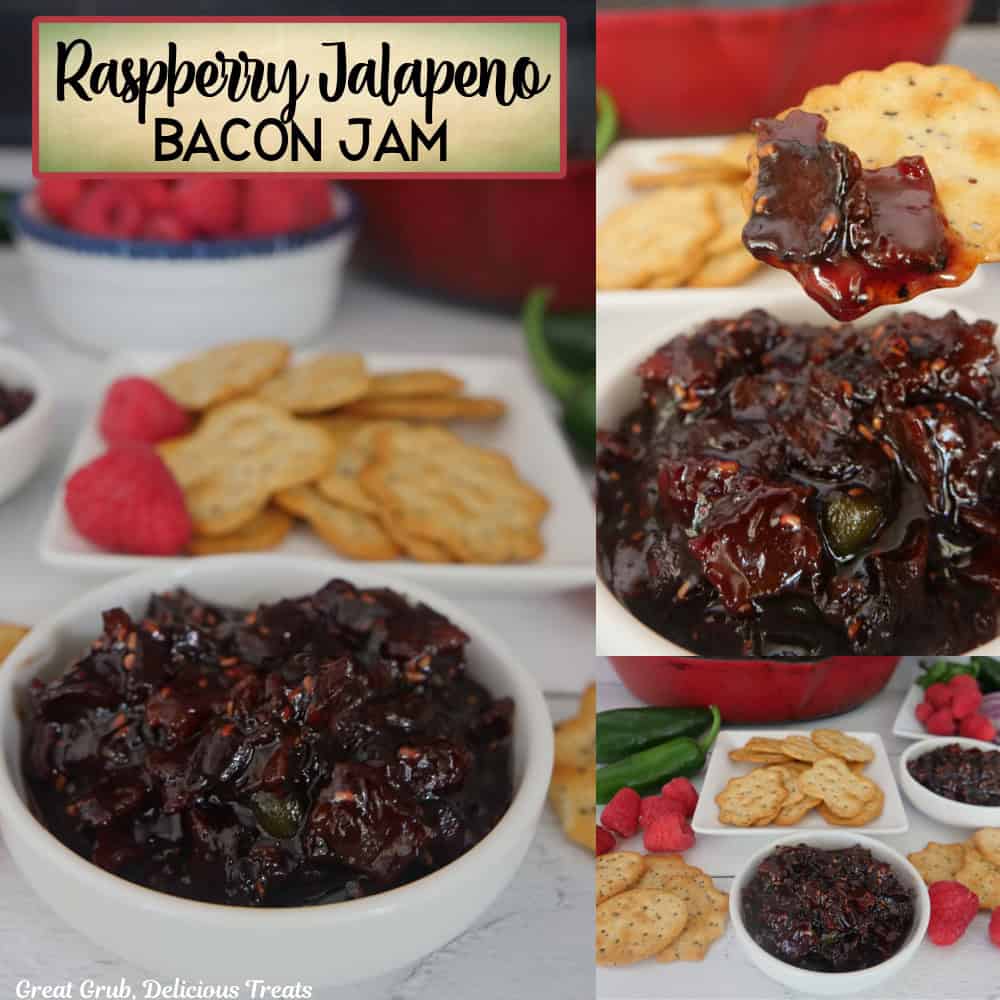 A three collage photo of bacon jam made with raspberries and jalapenos with a title overlay at the top.