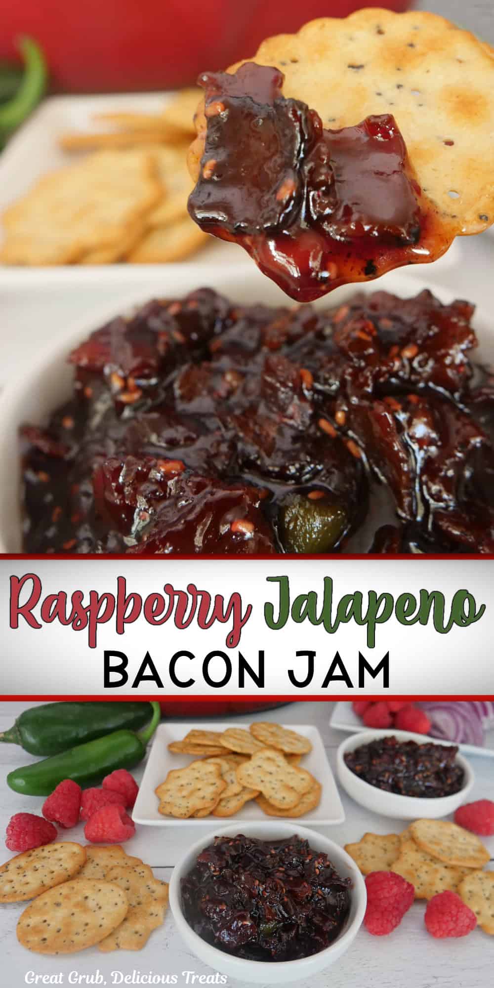A double collage photo of raspberry jalapeno bacon jam with the title overlay in the center.