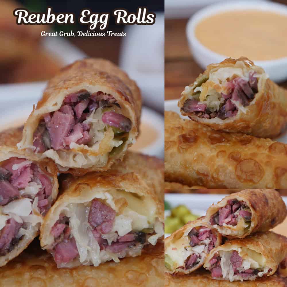A three photo collage of Reuben Egg Rolls with the title overlay at the top.