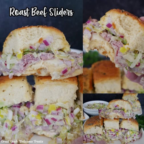 A three photo collage of roast beef sliders.