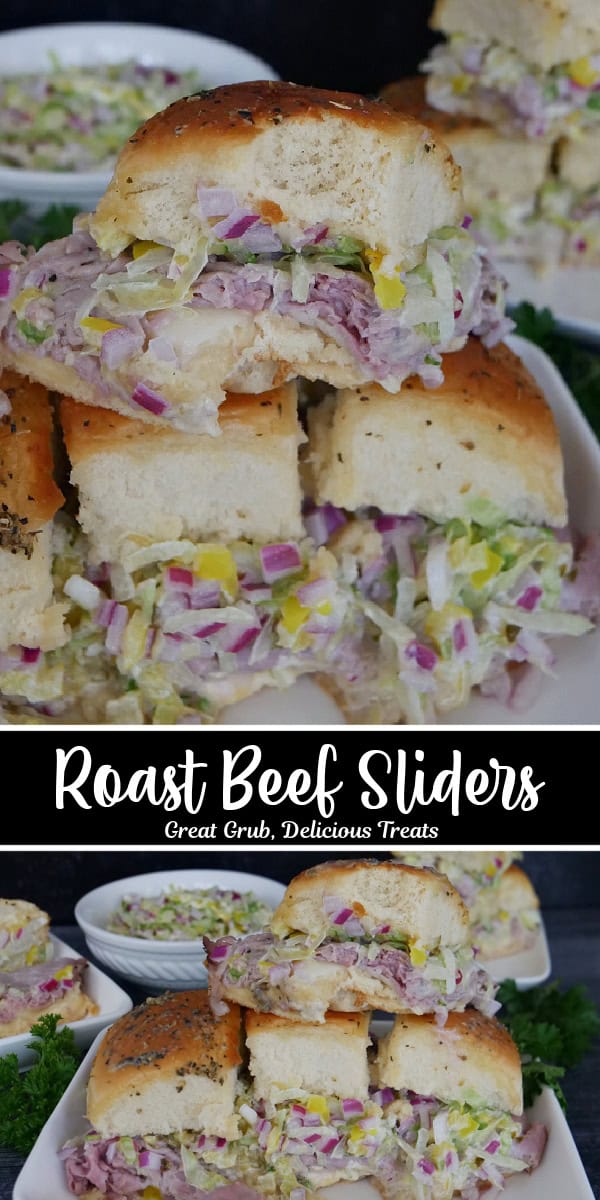 A double collage photo of roast beef sliders with a lettuce slaw and the title of the recipe in text in the center of the two photos.
