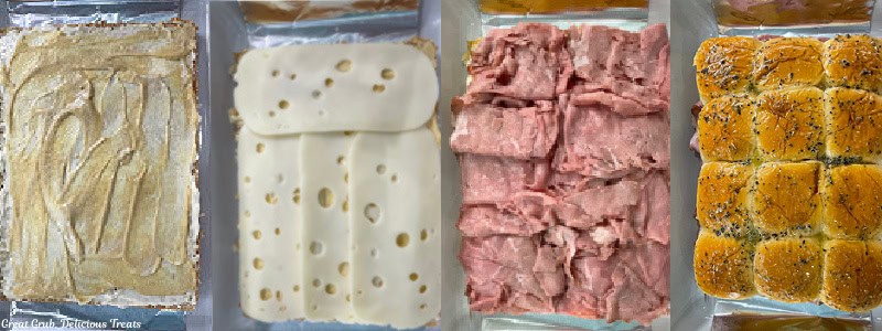 Four in process photos of how to make roast beef sliders.