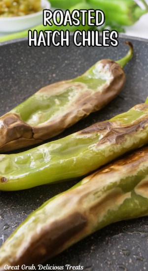 Three Hatch chiles that have been roasted in a pan.