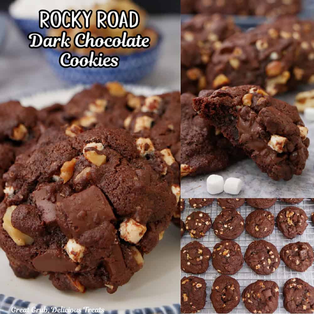 A three collage photo of dark chocolate rocky road cookies with the title in text at the top.