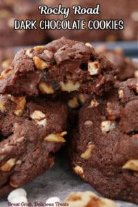 A stack of rocky road dark chocolate cookies with the title in text at the top.