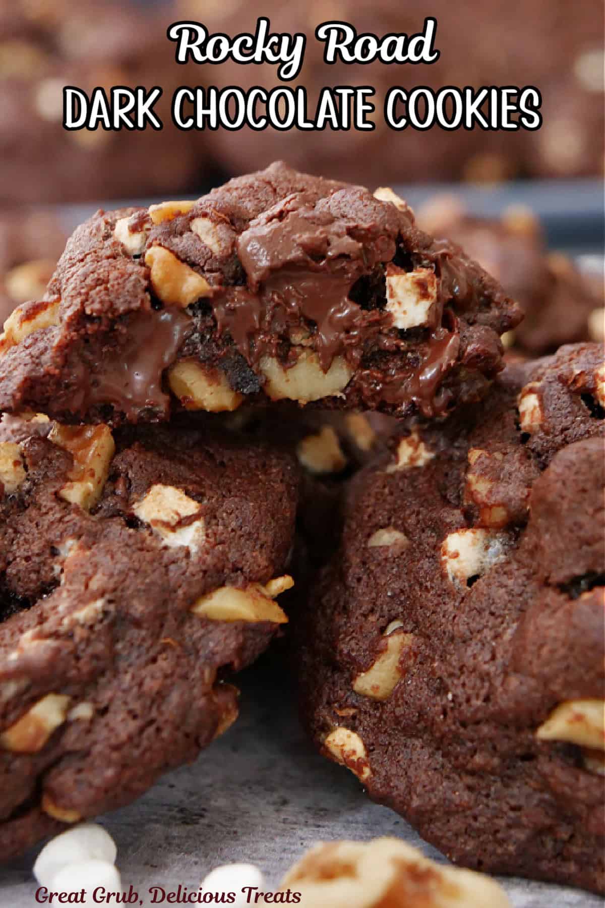 A stack of rocky road dark chocolate cookies with the title in text at the top.