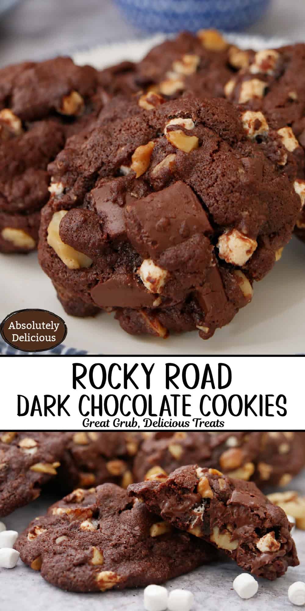 A double collage photo of rocky road dark chocolate cookies with the title in text between the two photos.