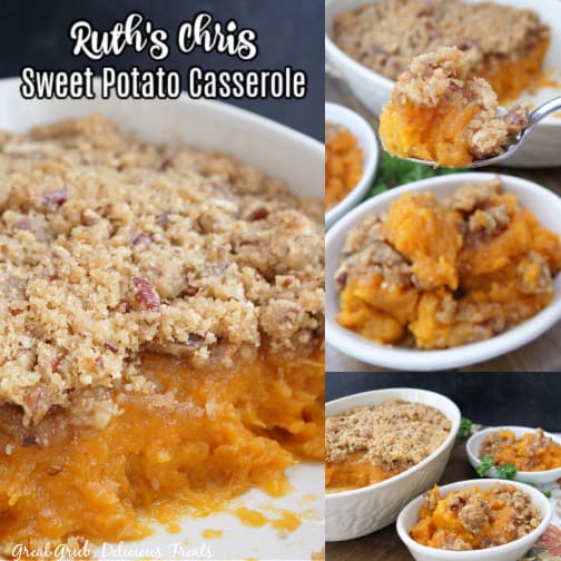 A three photo collage of sweet potato casserole in white bowls.