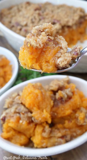 A spoonful of sweet potato casserole.