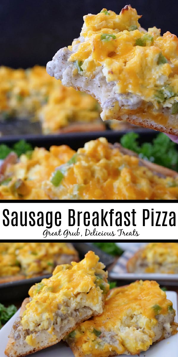 A double collage photo of homemade sausage breakfast pizza.