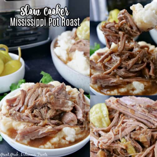 A three collage photo of Mississippi Pot Roast with the title at the top left hand side.