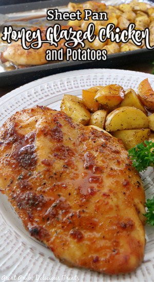 Sheet pan chicken and potatoes on a white plate with the baking sheet in the background and the title at the top.