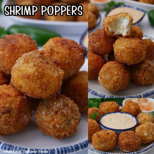 A three collage photo of shrimp poppers on a white plate with blue trim.